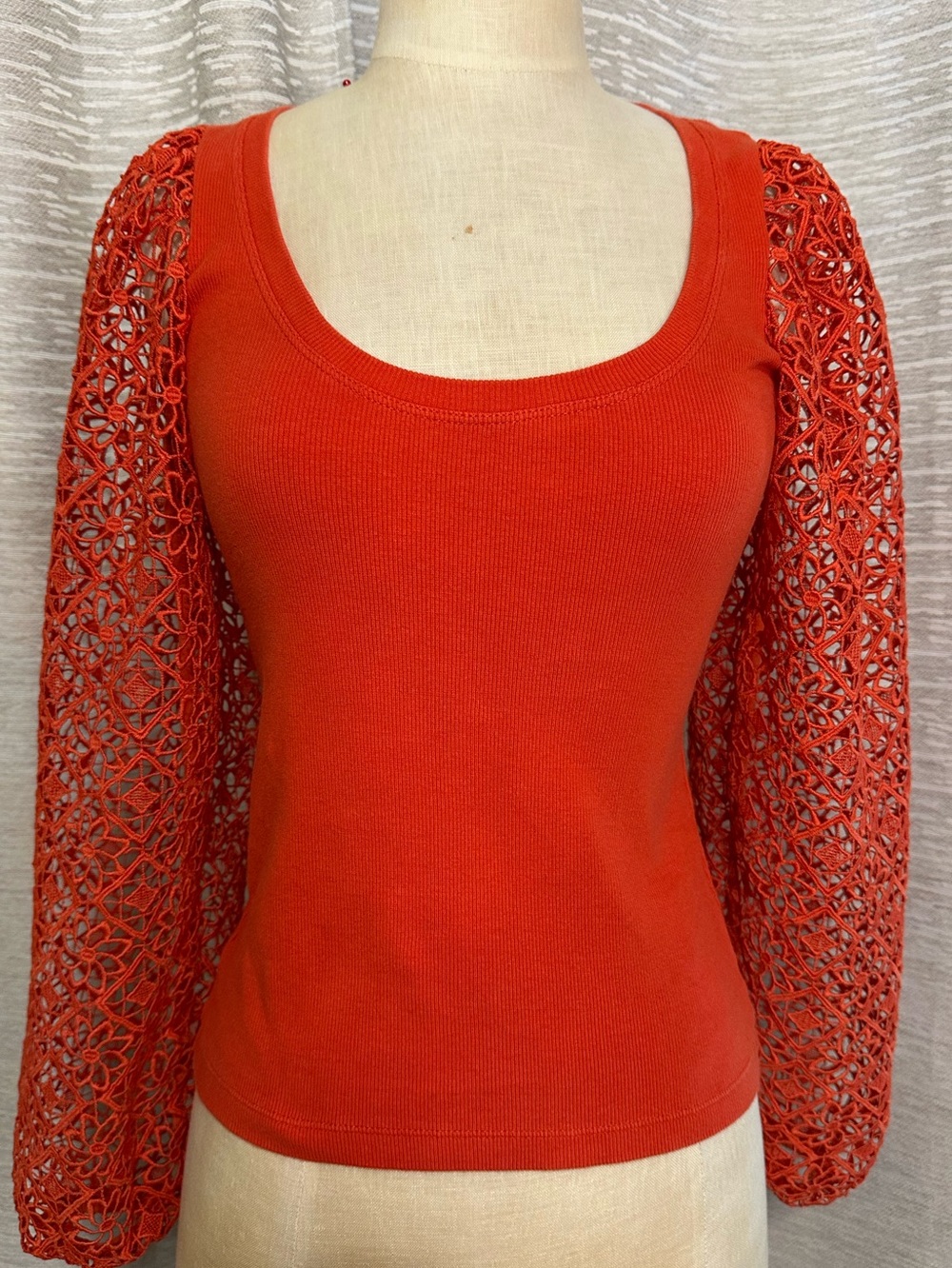Maeve Anthropologie Crochet Lace Sleeve Rib Knit Top XXS Orange Red